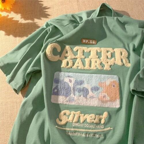 Cotton Tees Short Sleeve Female Student Korean Version Loose 2021 Summer New Couples Wear Towel Embroidered T-shirt Female