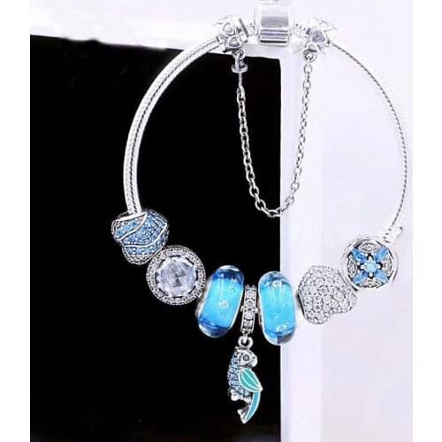 S925 Sterling Silver Blue Cz Parrot Pendant With Glass Beads And Classic Button Bracelet The Most Popular Diy Jewelry For Women