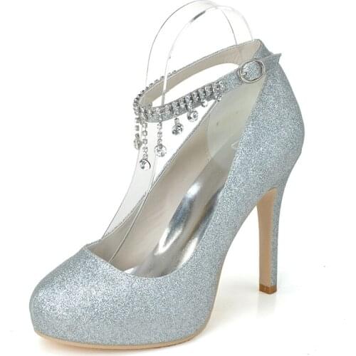 Lady Rhinestone Crystal Ankle Strap Metallic Glitter Gold Silver Platform High Heels Party Prom Wedding Rounded Toe Lady Shoes