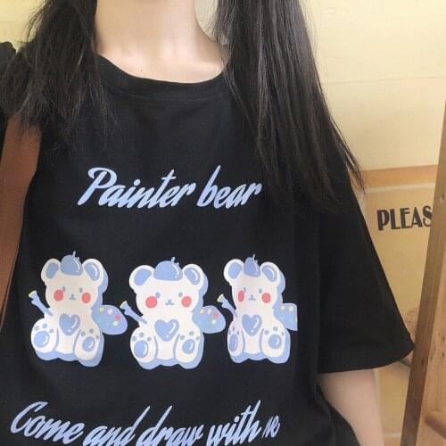 Summer Japanese sweet and soft girl loose students all-match cartoon bear print short-sleeved T-shirt female girlfriend
