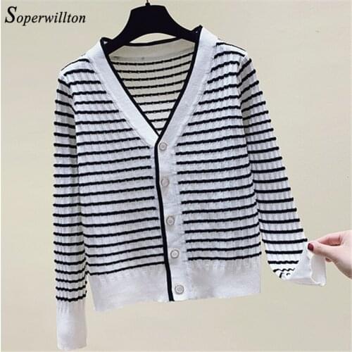 Fashion Slim Basic Cardigan for Women 2020 Korean Style Womens Sweaters White Black stripe Cardigans Female Loose