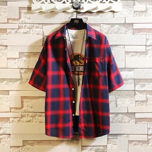 Harajuku Patchwork Plaid Shirt Men Shirts 2020 New Summer Fashion Chemise Homme Mens Checkered Shirts Short Sleeve Shirt Drops