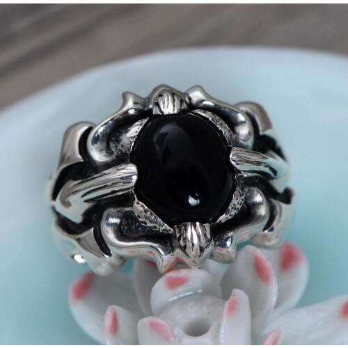 S925 sterling silver black onyx fine pattern vintage old Thai silver mens rings
