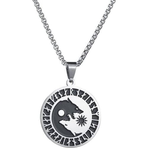 New Nordic Style Viking Words Round Necklace Pendant for Men Boy Yin Yang Wolf Moon Sun Chain Necklaces Jewelry 20Inch