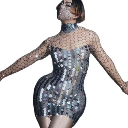 Silver Hexagon Shining Rhinestones Decoration Sequins Mini Dress Long Sleeve Turtleneck Ladies Nightclub Performance Clothing