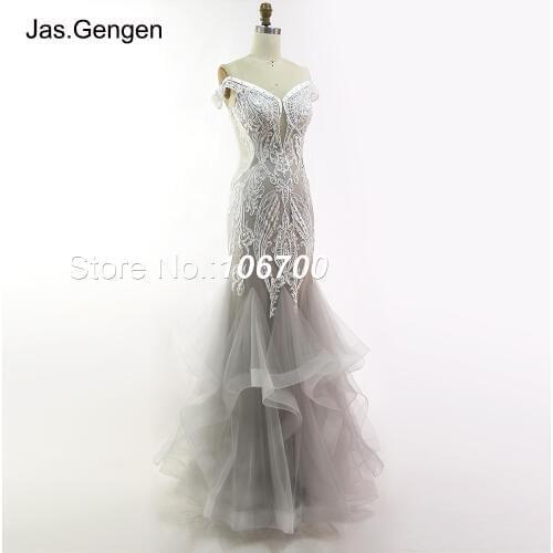 Amazing Mermaid Prom Dresses Embroidery Lace with Stones Sheer Illusion V Neck Off Shoulder Ruffle Long Light Gray Evening Gowns
