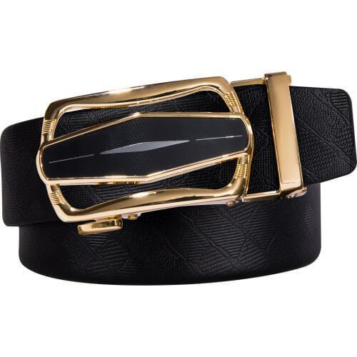2019 New Arrival Men Gold Belt Slide Ratchet Buckle Solid Black Leather Waist Belt Adjustable for Male Gift 160cm Free-Cut
