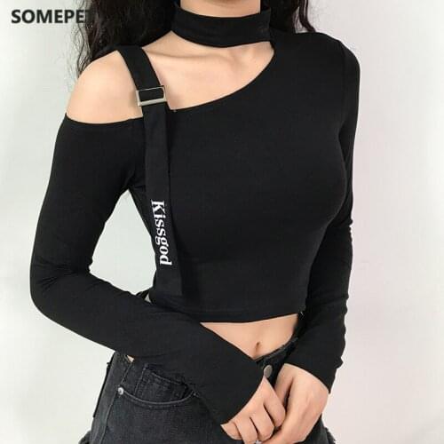 Off Shoulder Halter Sexy Womens T Shirt Harajuku Letter Print Ribbon Halterneck Long Sleeve Crop Top Basic Tshirt Women