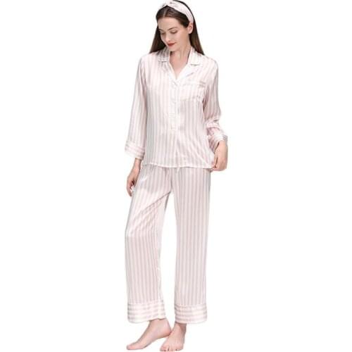 Women Striped Silk Pajamas Spring And Summer V-neck Ladies Wholesale Two-Piece