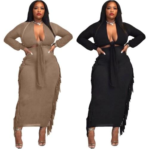 Somoshein Sexy Tassel Two Piece Sets Solid Color Streetwear Dress Suit V-neck Lace-up Crop Top Bodycon Maxi Skirt Women Clothing