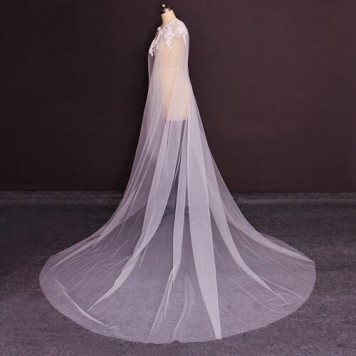 New Real Photos 3 Meters Long Lace Appliques Wedding Jacket White Ivory Tulle Bridal Wrap Cape Elegant Bolero Shawl
