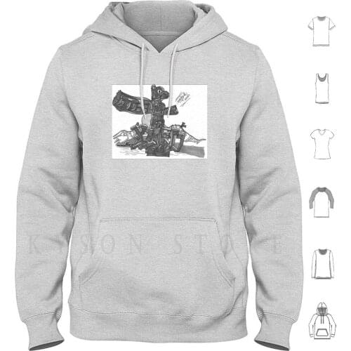 Totem Print Hoodie Long Sleeve Totem Pole Tribal Case Cool Hipster Black White Black And White Simple Vintage North