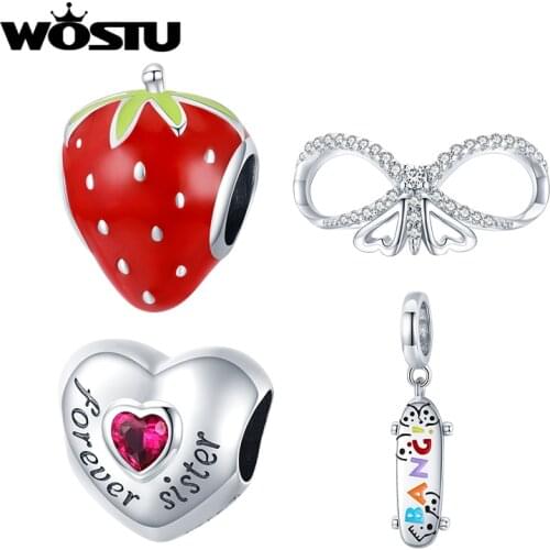 WOSTU 925 Sterling Silver Forever Love Butterfly Strawberry Charms Firt Original Bracelet For Women Fine Fashion Jewelry BNC463
