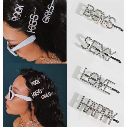 Fashion Silver Rhinestone Hair Clips For Women Girls Custom Bling Crystal Letter Hair Bobby Pin Charm Barrette Hair Accessoriess