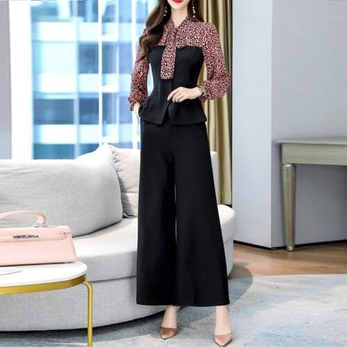 Summer Women Set Bow Leopard Patchwork Shirt &Wide Leg Pants Suit Office Lady Two Piece Set Tracksuits Casual Outfits