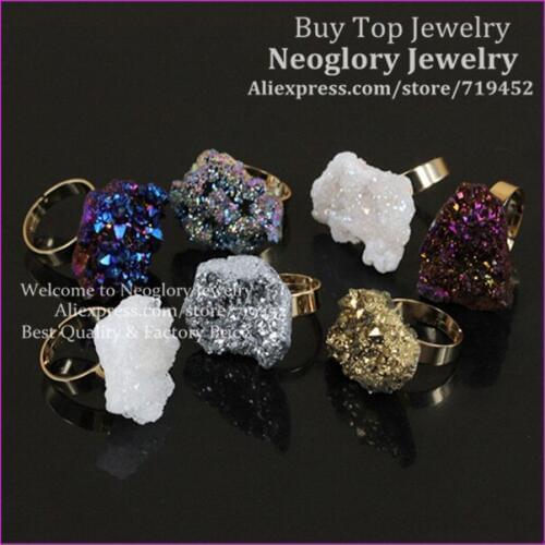 10pcs Mixed Rainbow Titanium Druzy Ring metal Bezel Ring Unique Finger Rings Crystal Quartz Druzy Gems Drusy Stone Ring