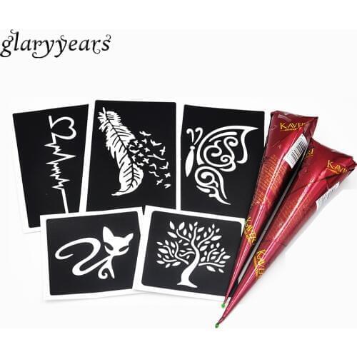 5 Pieces Small Henna Stencil + 2 Pieces Brown Henna Paste India Hollow Drawing Tattoo Stencil Sexy Women Body Paint Tool Product