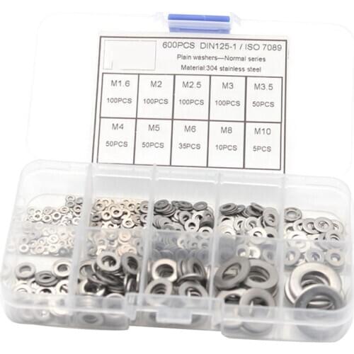 600Pcs/Set M1.6 M2 M2.5 M3 M3.5 M4 M5 M6 M8 M10 Stainless Steel Flat Washer Plain Washer Gaskets Assortment Kit