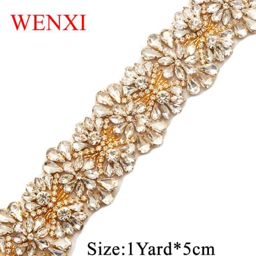 WENXI Rose Gold Crystal Rhinestone Applique By The 5CM*1Yard Trim For Bridal Dress Belt Rhinestone Applique Accessory WX820