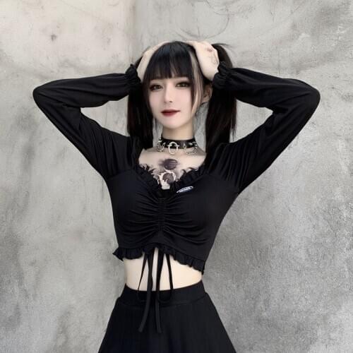 Black Goth Pleated Women T-shirt 2021 Autumn Lady V Neck Drawstring Short-length Ruffles Tshirt Hipster Outdoor Long-sleeve Top