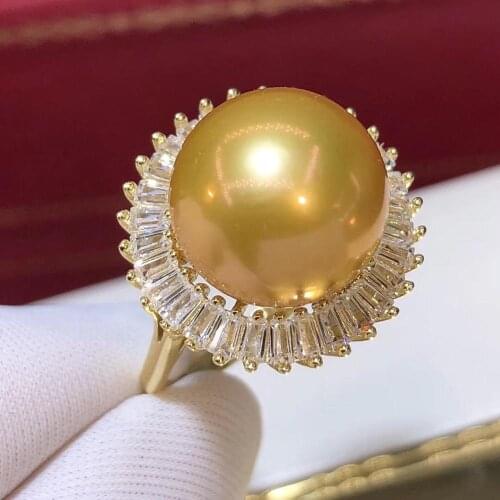 D506 Pearl Ring Fine Jewelry 925 Sterling Silver Round 12-13mm Nature Fresh Water Golden Pearls Rings for Women Presents