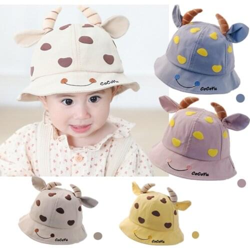 4Colors Optional Children Ox Horn Basin Hat Cotton Cartoon Baby Wide Brim Sunshade Fisherman Hat Unisex Outdoor Bucket Hats
