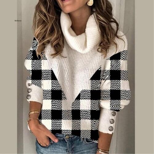 Women Fashoin Print Patchwork Long Sleeves Turtleneck Sweater Knitting Top Anime Sweaters Ropa Mujer Invierno Mujer