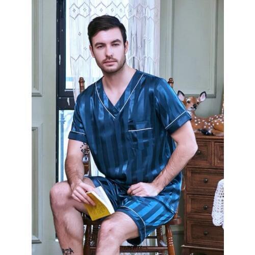 Mens Homewear Leisure Ice Thin Silk Sleepwear Plus Size Nightwear Short Sleeve Short Pants Suit Set V Collar Nightgown J121