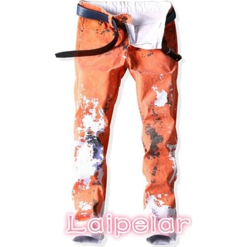Laipelar Printed Jeans Men Fashion Orange Casual Slim Straight Painted Jeans Pants Mens Brand Ink Printing Trousers Jeans Hombre
