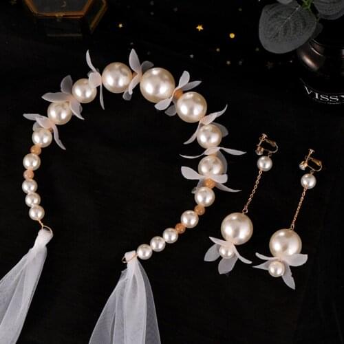 Newest Fashion Gold Tiara Hair Jewelry Big Pearl Hairbands Long Ribbon Handmade Bridal Headband Wedding Women Hair Accessories