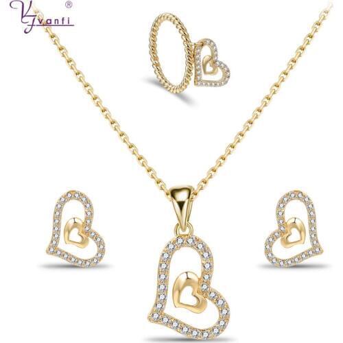 New Fashion Double Heart Shape jewelry sets Necklace And Earrings And Ring Anniversary For Girl Friend Valentine 's Day Gift