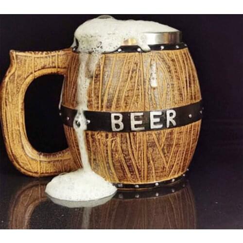 580mL Stainless Steel Wooden Barrel Beer Mug with Handle Creative Large Capacity Simulation Crude Wood Beer Cup Gift for Friends