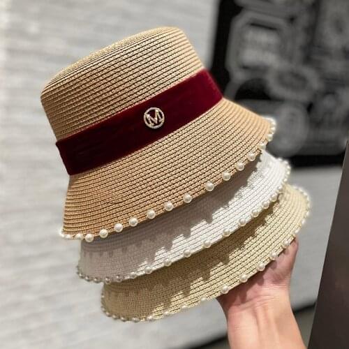 Womens Summer Hat Big Brim Straw Hat French Vintage Beach Elegant Caps Pearl inlaid Women Wavy Edge Vacation Bucket Hat