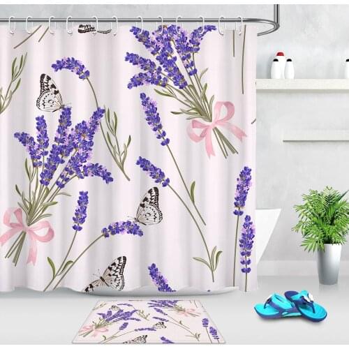 Bathroom Curtains Lavender Butterfly White Watercolor Pattern Shower Curtain Waterproof Polyester Fabric For Art Bathtub Decor