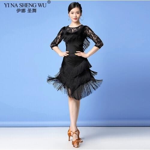 New Women Ballroom Dance Latin Clothes Salsa Samba Wear Long Sleeves Spandex 2 Pieces Fringes Latin Dresses Top and Short Skirt