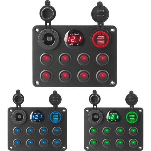 12-24V 8 Gang Cigarette Lighter Socket Dual USB Toggle Switch Panel Car Marine Boat Circuit Breaker