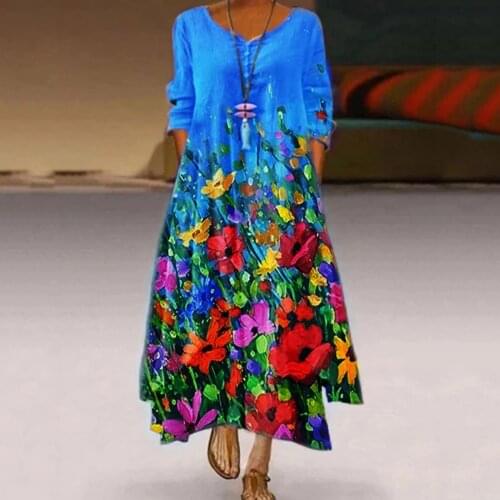 2021 New Vintage Flower Painting Maxi Dress Women Bohemian Long Sleeve Beach Dress Casual Loose Spring Summer Sundress Plus Size