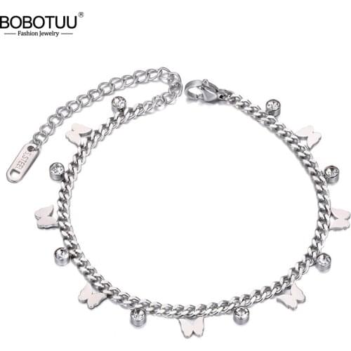 BOBOTUU Stainless Steel Butterfly Charm Bracelets For Women Trendy Bohemia Beach CZ Crystal Bracelet Jewelry pulseras BB20169