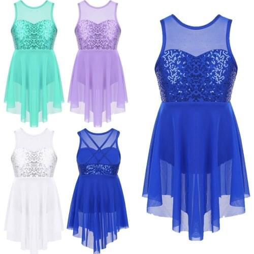 Kids Girls Ballet Figure Ice Skating Dress Ballroom Dance Wear Sleeveless Sequins Criss-Cross Back Lyrical Dance Costume Dress