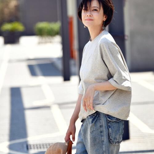 MICOCO T2036C Simple and artistic pure color patching loose bat sleeves comfortable cotton small round collar T-shirt