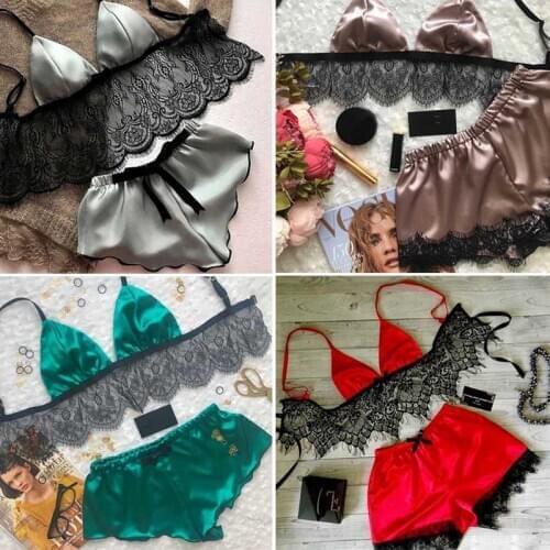 2PCS Women Pajama Sets Sexy Lingerie Underwear Silk Satin Pajamas Crop Tops Bra+Shorts Sets Sexy V-Neck Sleeveless Nightwear