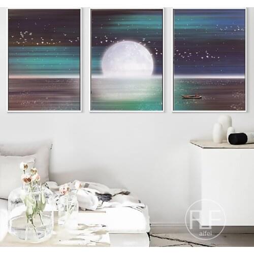 Beautiful Romantic Night Seascape Canvas Painting Nordic Abstact Landscape Poster Modular Wall Pictures For Living Room Decor