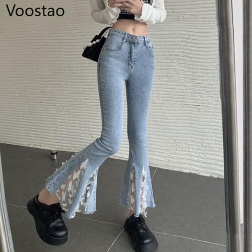Fashion Sweet High Waist Denim Pants Designer Women Chic Lace Ruffles Patchwork Slim Flare Pants Female Harajuku Jeans Trousers