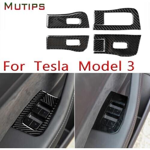 Mutips Car Door Handle Armrest Window Lift Button Frame Cover sticker For Tesla model 3 2017-2020 ABS carbon fiber Decorative