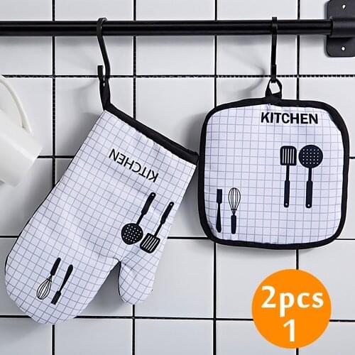 New 2pcs/Set Microwave Baking BBQ Glove Cotton Cute Oven Mitts Heat Resistant Potholder Non-Slip Kitchen Cooking Tools Mitten