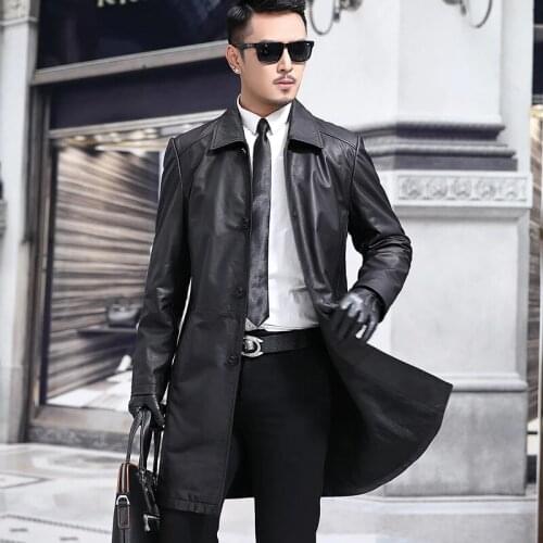 New Genuine Leather Coats Mens Cowskin Trench Dust Coat Lapels Jacket Male Business Casual Cowhide Coat Leather Trench 5XL