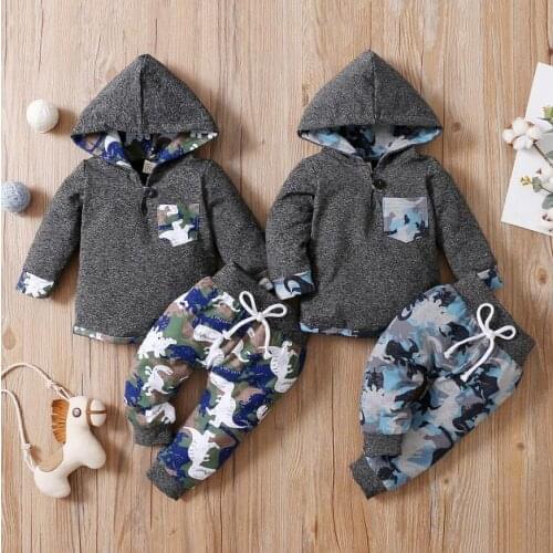 Fall Spring Kids Boys Outfit Toddlers Leisure Style Cartoon Dinosaur Printing Long Sleeve Hooded Tops Long Pants Baby Boys Sets