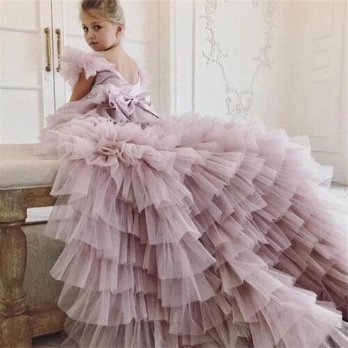 Long Train Ruffles Flower Girls Dresses for Weddings Party Children Dress Tiered Kids Photoshoot Baby Shower Gowns