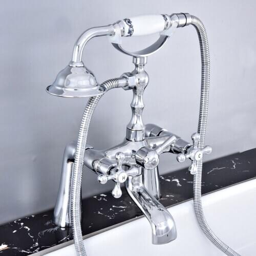 Polished Chrome Deck Mounted Bathroom Tub Faucet Dual Handles Telephone Style Hand Shower Clawfoot Tub Filler atf768
