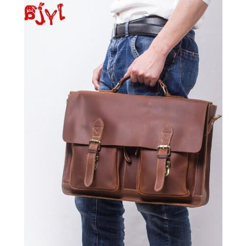 Handmade retro crazy horse leather mens briefcase leather men business handbags portable simple shoulder diagonal computer bags